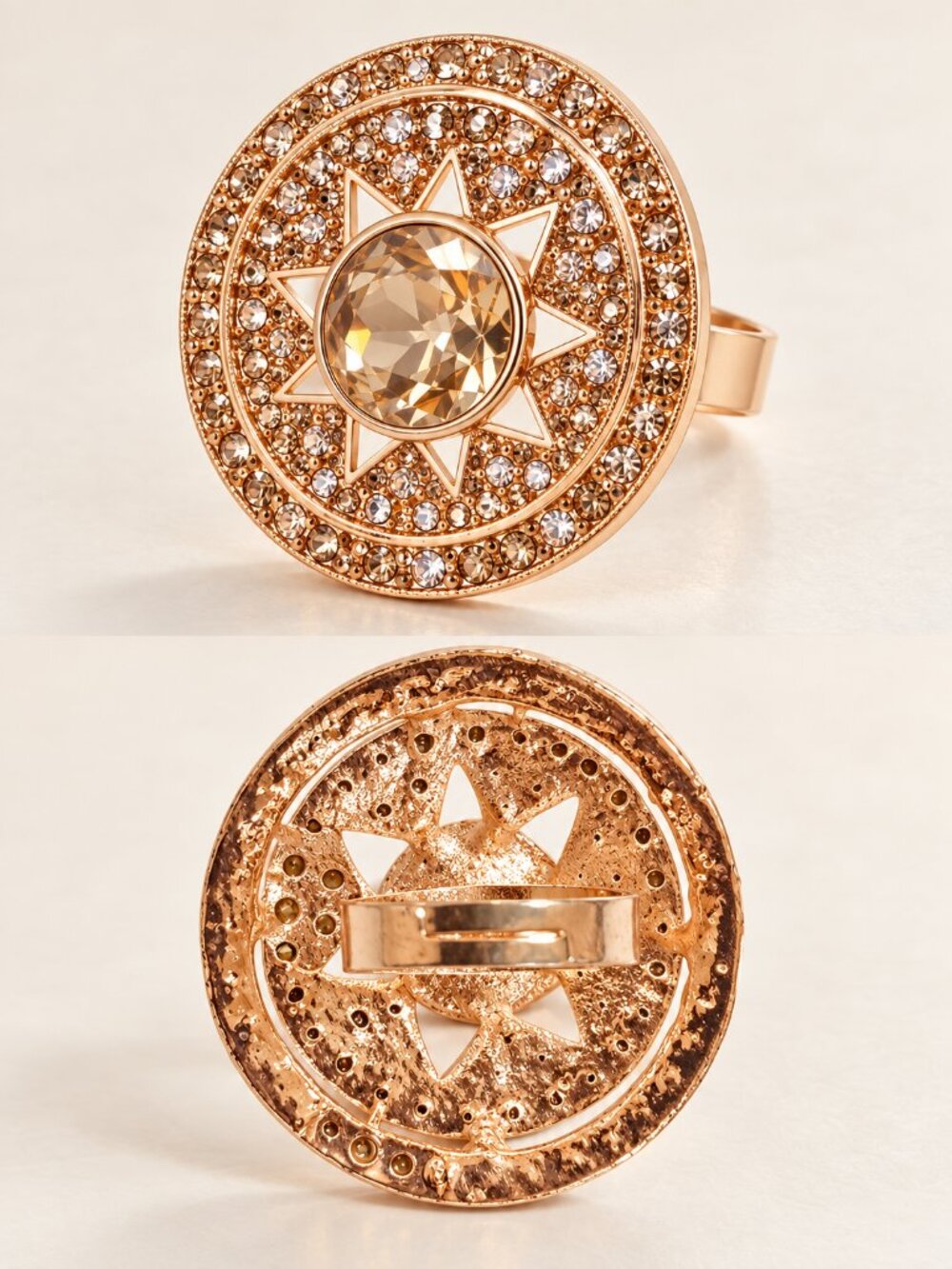 Gold Tone Star Rhinestone Medallion Adjustable Statement Ring